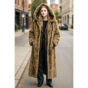VTG Faux Sable Fur Coat Size S Hooded Classic Luxury Mob Wife Carmela Sopranos
